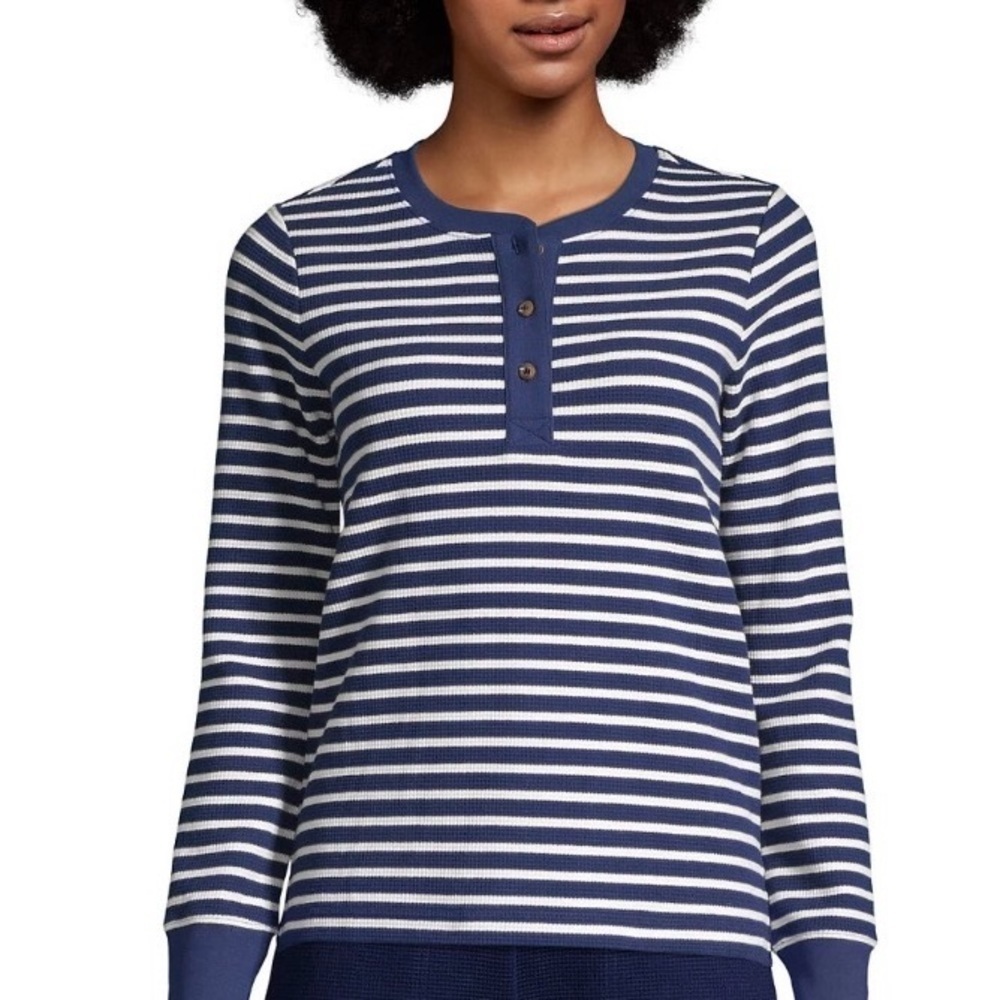 Lands' End Navy and White Striped Long Sleeve Tee